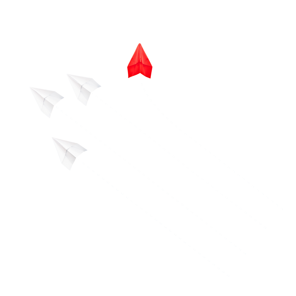 Red paper plane flying ahead of three white paper planes, representing Double Zero Communications impact on brands.